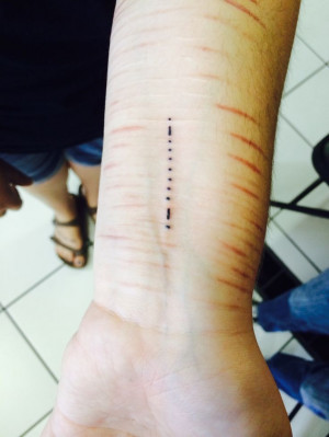 Self Injury/suicide recovery tattoo. It says live in morse code ...