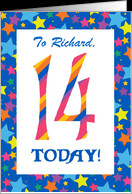 Custom-front 14th Birthday Card, Bright Stripes and Stars card ...