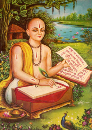Tulsidas composing his famous Avadhi Ramcharitmanas; bazaar art,1940's