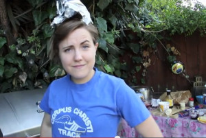 Hannah Hart with tin foil hat in My Drunk Chicken.