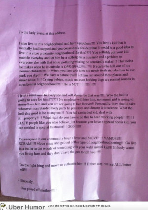 ... letter sent by a mother against mentally handicapped children