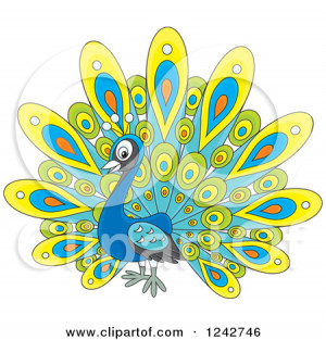 Clipart Illustration Blue Peacock With Its Feathers Fanned