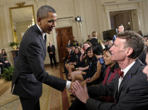 ... Obama shakes hands with Bill Nye during an event in the White House