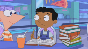 Baljeet studying at the mall during summer vacation.
