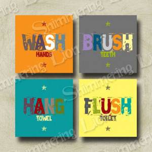 Kids Bathroom Bath Wash Brush Hang Flush Printable Wall Art DIY Yellow ...