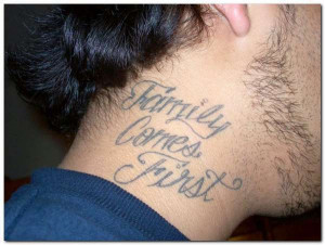 Simple Quote Inked As A Neck Piece Saying Family Comes First