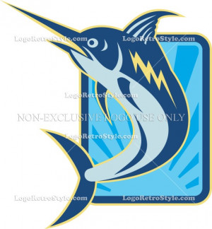 Mascot Blue Marlin Jumping Sunburst Retro Logo-Illustration
