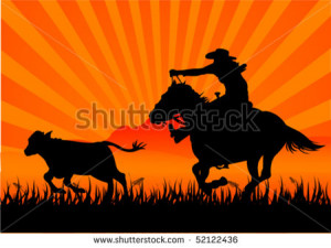 vector silhouette of a cowboy roping a calf - stock vector