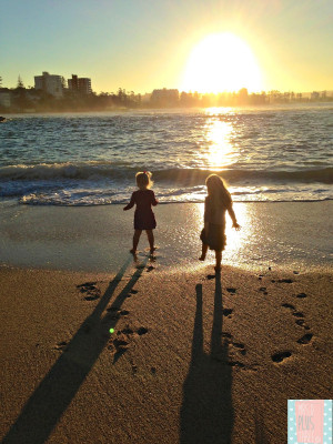 Two Little Girls And Sunset Over Manly Beach For Wordless