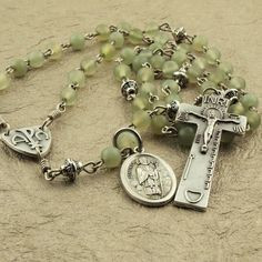 Jade Catholic Rosary w/Irish Penal Cross Alpha Omega Center and St ...