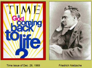 ... back to life?' side by side with a picture of Friedrich Nietzsche