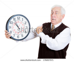 man, funny looking elderly guy, holding clock, stressed running out ...