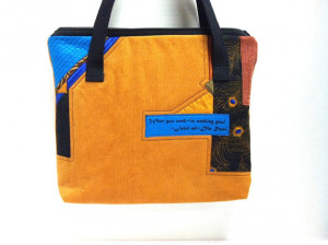 Portfolio with Rumi quote, Strapped rust blue tote, Quilted piecework ...