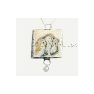 Cute Barn Owl Soldered Glass Art Pendant Quote