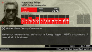 ... Kazuhira Miller's soldier profile quote on the Mother Base staff menu