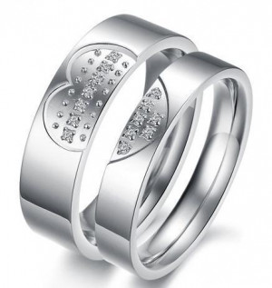 ... Ring Set Titanium Ring Crystal Heart Engagement Bands Matching Pair