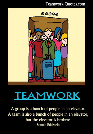 Fun teamwork poster - team stuck in broken elevator