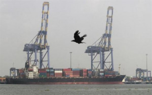 crow flies past a container ship docked at a port in Vallarpadam in ...