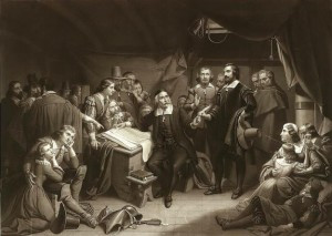 William Brewster signing the Mayflower Compact (19th century painting ...