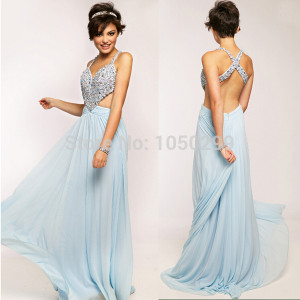 Chiffon Halter Top Heavy Beaded Sexy Criss Cross Back Light Blue Prom