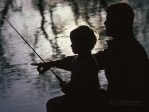 Silhouette of Father and Five-year-old Son Fishing Photographic Print