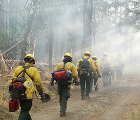 Firefighters walking on road through smoke. Courtesy of National Park ...
