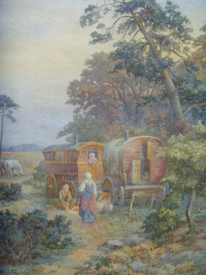 Antique Fred. J. Knowles b.1874 W/colour Gypsy Camp