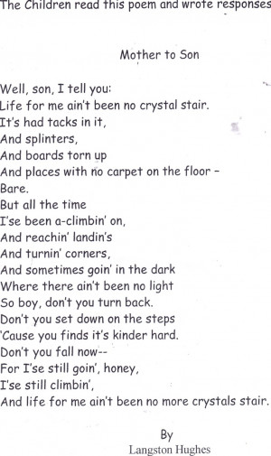 Poem - Mother To Son by, Langston Hughes: Poem, Langston Hugh