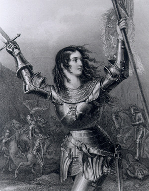 Engraving of Joan of Arc in battle