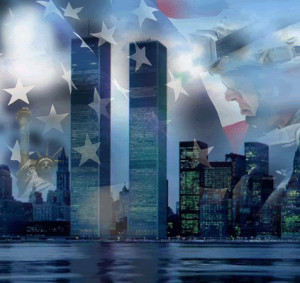 Twin Towers With Flag And Soldier Image