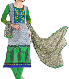 Astonishing cotton embroidered grey & green coloured dress material