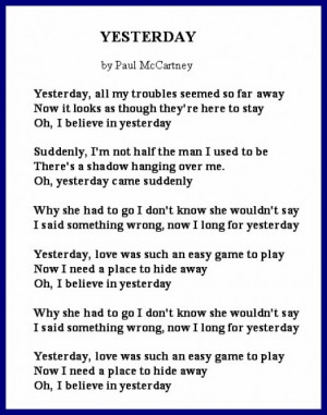 Divorce Song's Lyrics - Yesterday by Paul McCartney