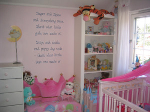Wall quotes in between the dresser and accessory shelves with a pink ...