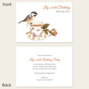 60th Birthday Invitations - Watercolour Bird on a Teacup