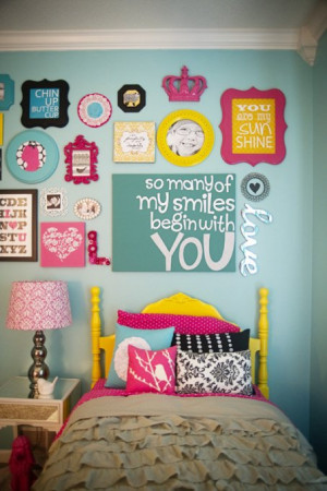 ... use stencils for quote. Love collage of quotes. Bed frame color, wall