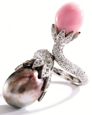 Natural pearl, conch pearl, and diamond ring.