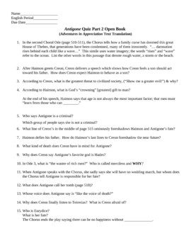 Antigone Part 2 Open Book Study Guide Questions & KEY