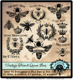 Bee Clipart, Queen Bee Clipart, Vintage French Wreath Clipart, Crown ...