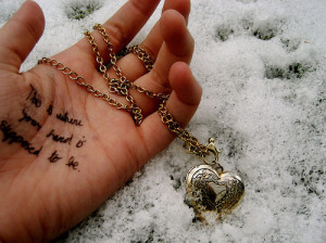 hand, heart, locket, love, quote, snow