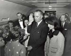 Lyndon Johnson swearing in as President after Kennedy shot
