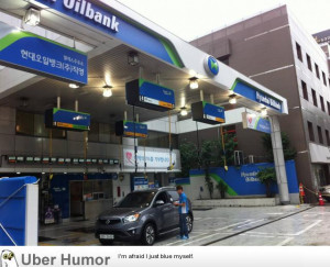 In Seoul, the gas pumps hang from the roof