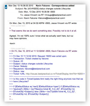 Screenshot: ticket correspondence with quote folds open