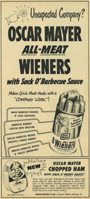 Funky Vintage 1950s Food Ad, Oscar Mayer Canned All-Meat Weiners with ...