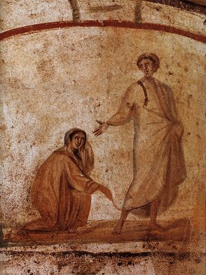 Jesus healing the bleeding woman , Roman catacombs, 300-350