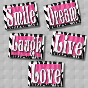 Zebra Print Wall Art Decor PINK Smile Dream Live Laugh Love Girls Room ...