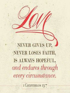 Corinthians 13:7 (NLT) - Love never gives up, never loses faith, is ...