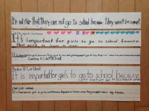 five hand written quotes from a third grade class about why girls ...