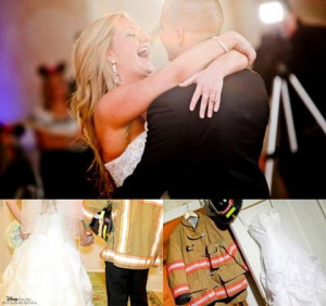 love the wedding dress and firefighter uniform!