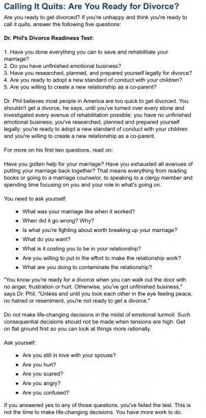 Dr. Phil's divorce readiness test: