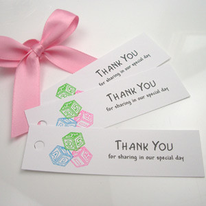 12 per pack of baby block thank you tags.